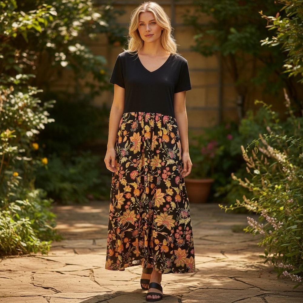 NEW $119 J. Jill Womens Black Floral Mixed Media V-Neck Maxi Dress Petite Medium